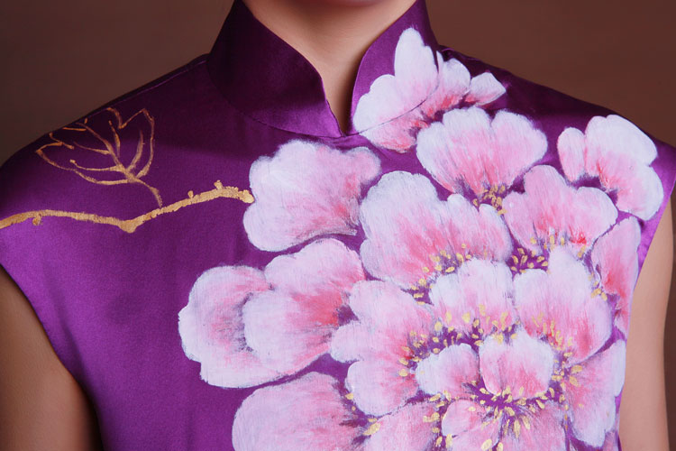 Handpainted peonies light purple silk cheongsam 