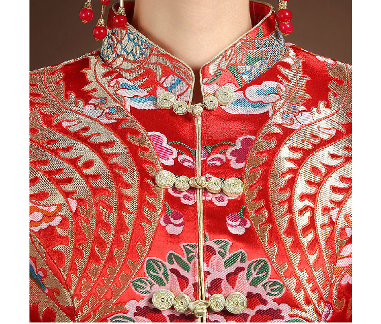 Red colorful brocade blouse and pure red skirt