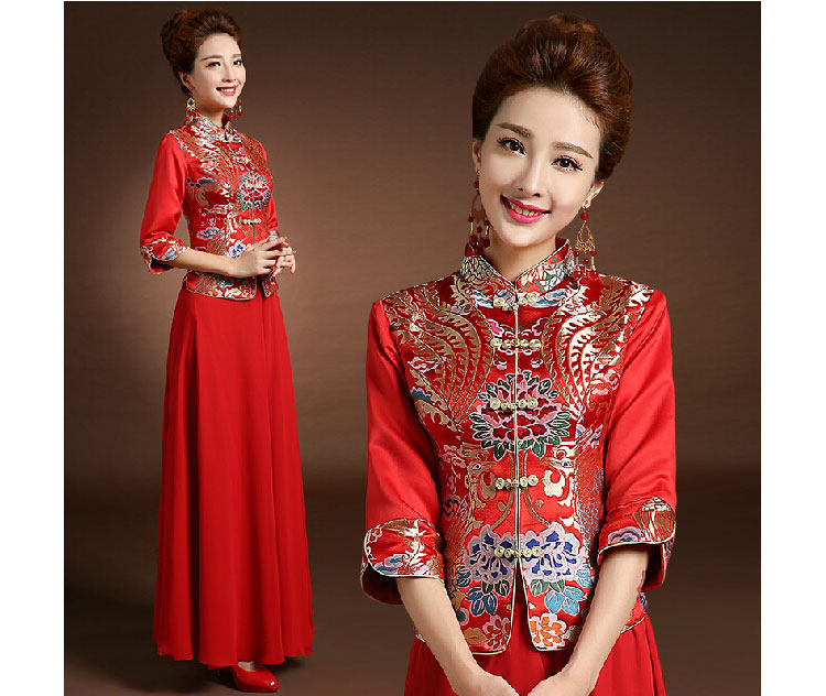 Red colorful brocade blouse and pure red skirt