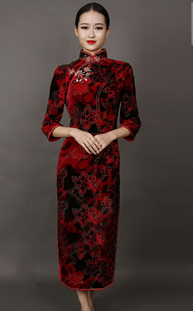 Dark red velvet long cheongsam dress
