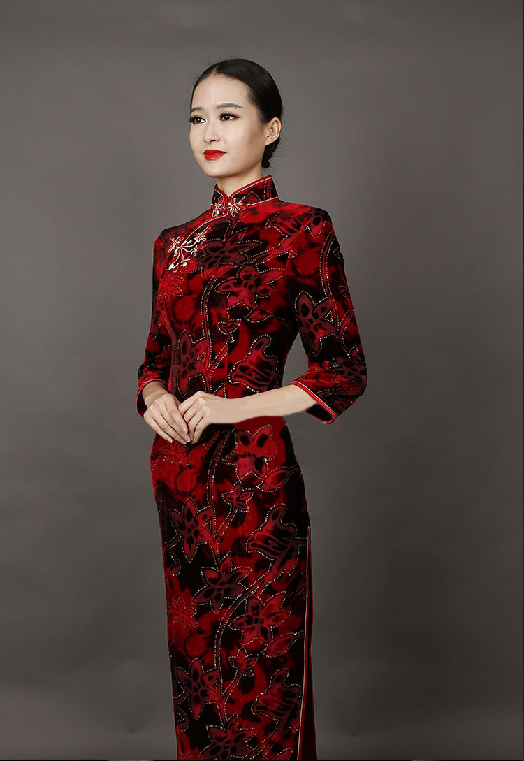 Dark red velvet long cheongsam dress
