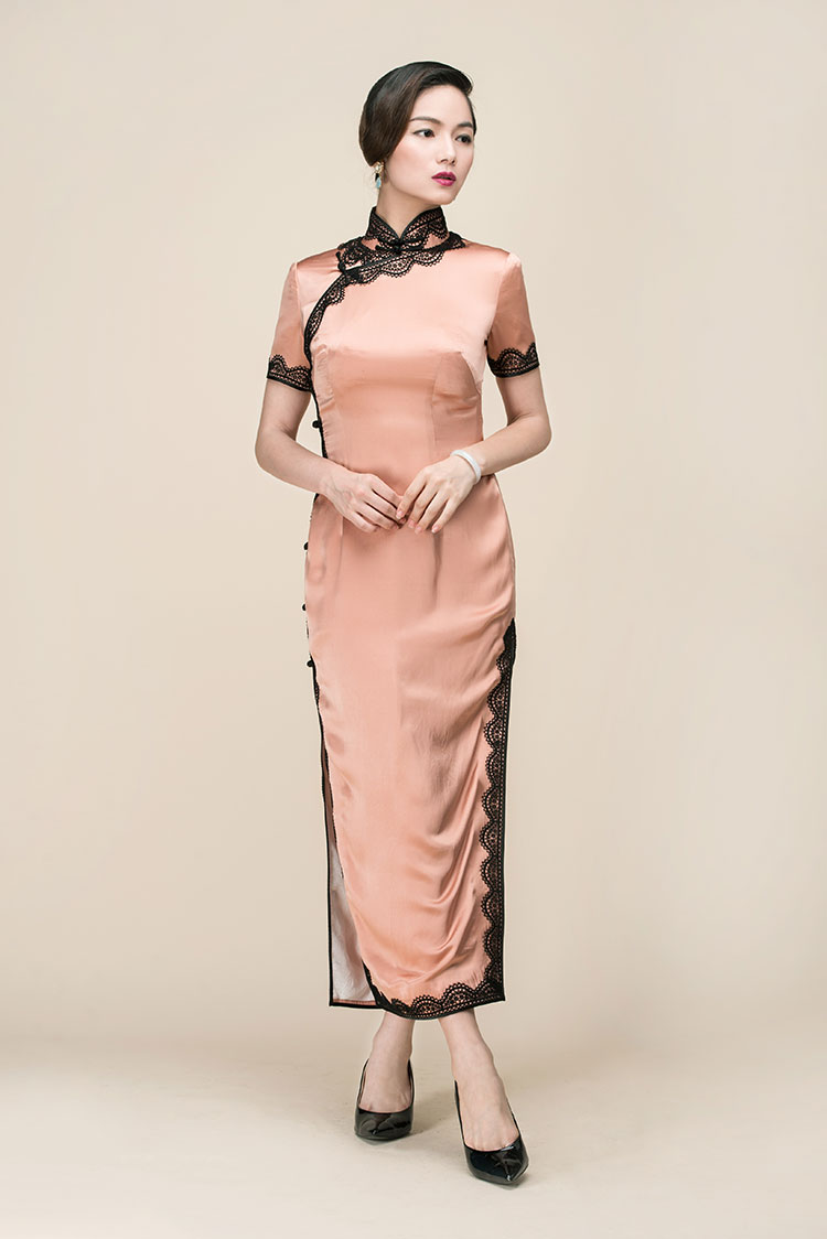 Silk satin with lace piping long qipao dress