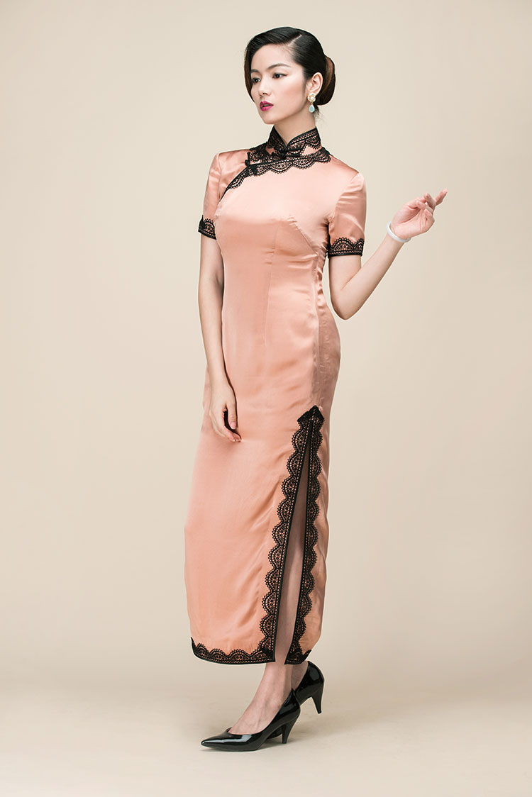 Silk satin with lace piping long qipao dress