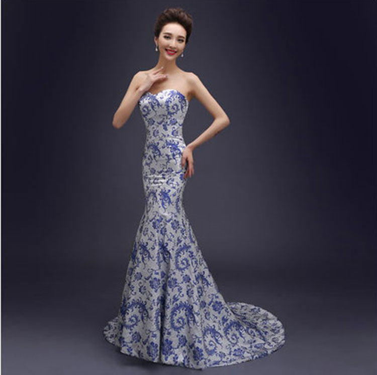 White evening gown with chinese phoenix tail flowers