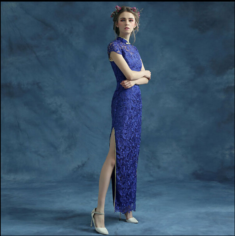 Blue lace cheongsam qipao dress