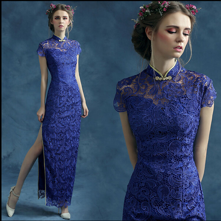 Blue lace cheongsam qipao dress