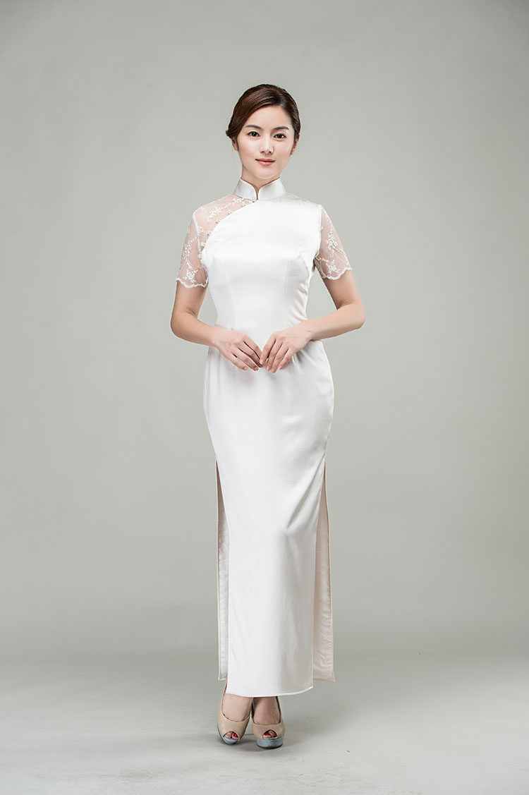 White silk qipao dress with lace back