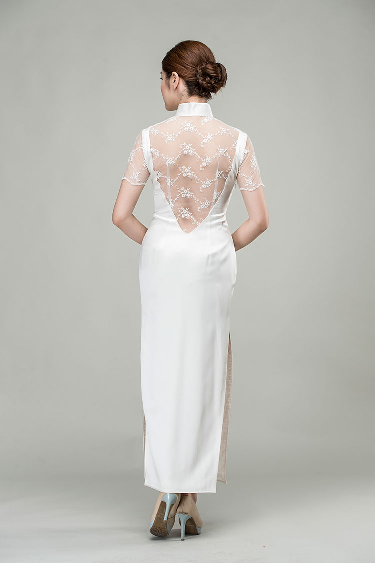 White silk qipao dress with lace back