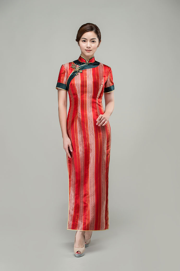 Red satin strip cheongsam dress
