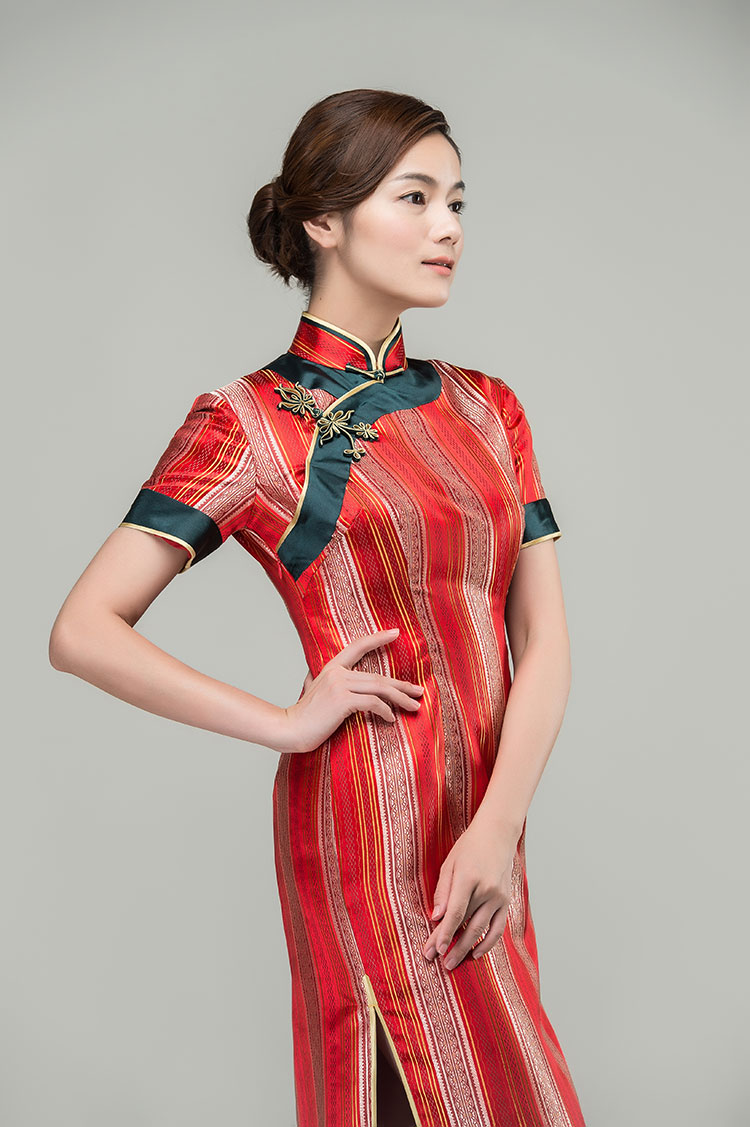 Red satin strip cheongsam dress