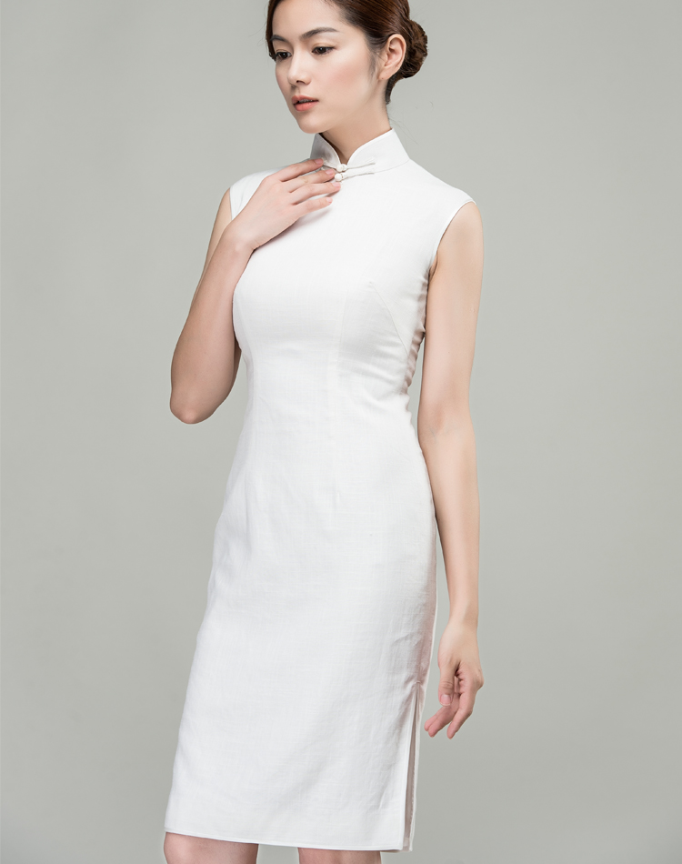 White cotton-linen short qipao dress