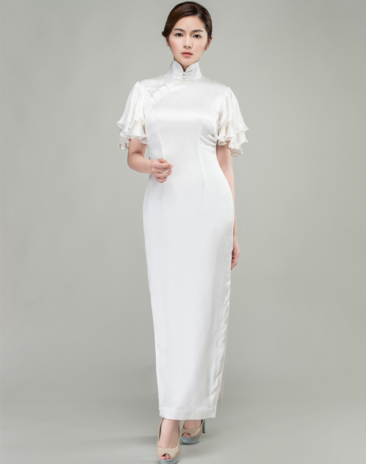 White long qipao dress whith Soft Chiffon frills Sleeves 