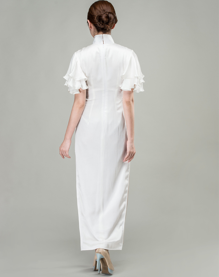 White long qipao dress whith Soft Chiffon frills Sleeves 