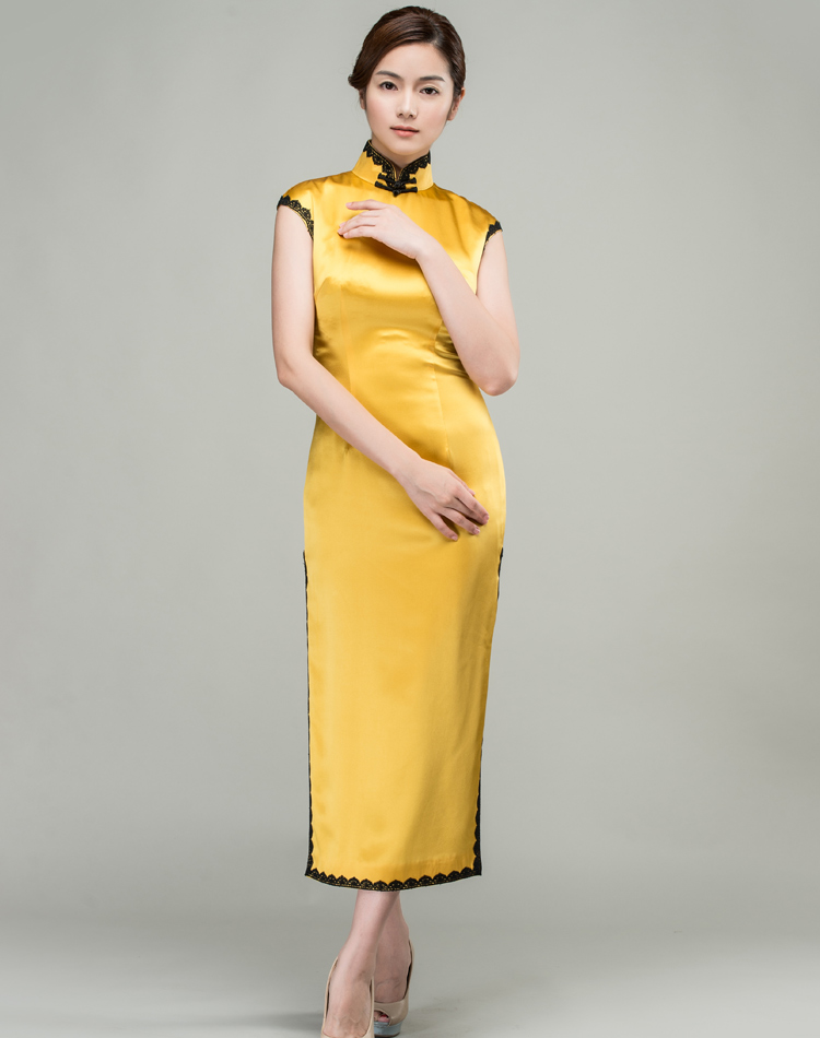 Yellow long cheongsam dress with black trim