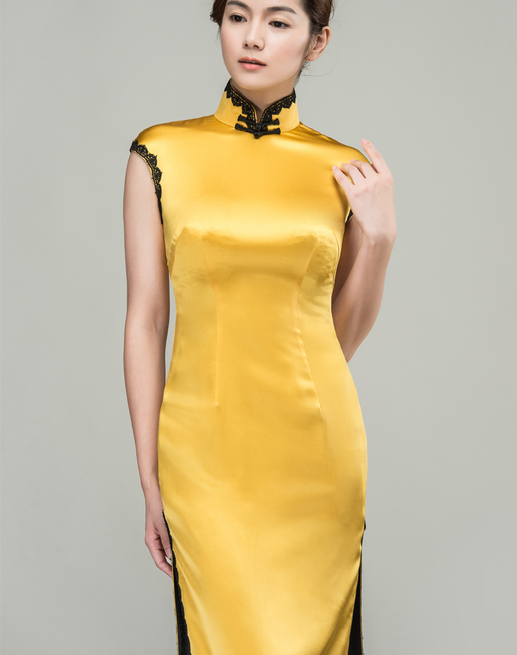 Yellow long cheongsam dress with black trim