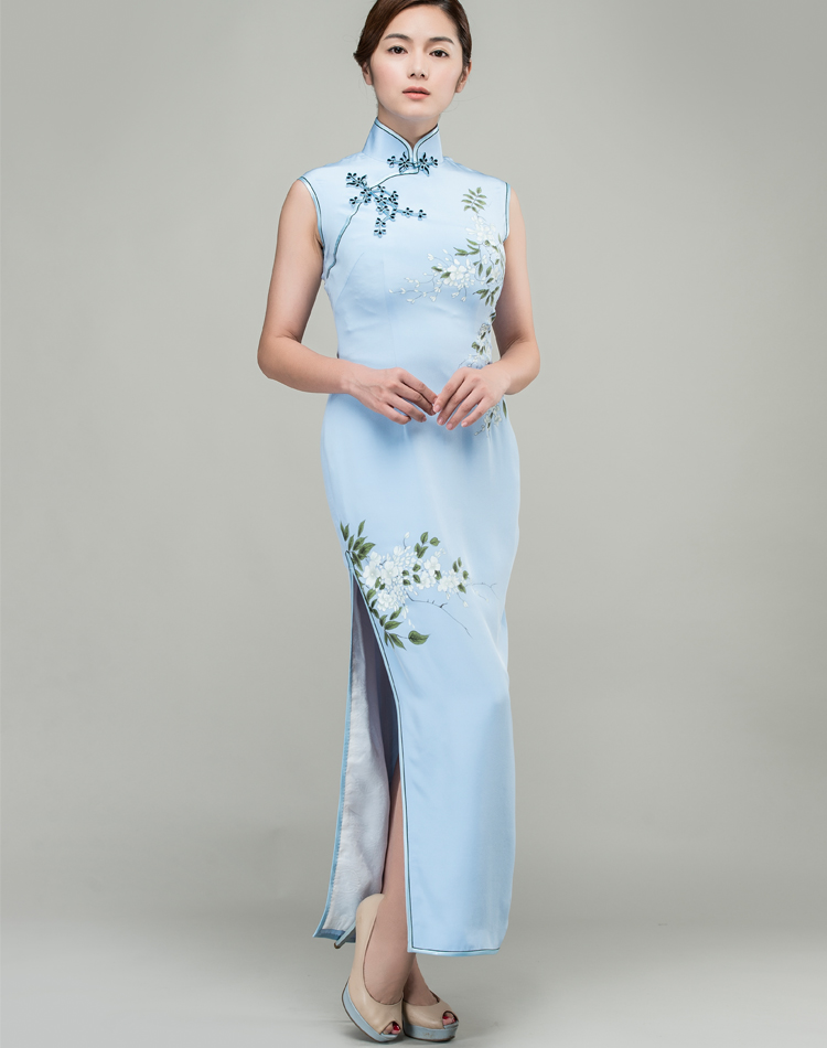 Hand-painted water-blue silk long qipao dress