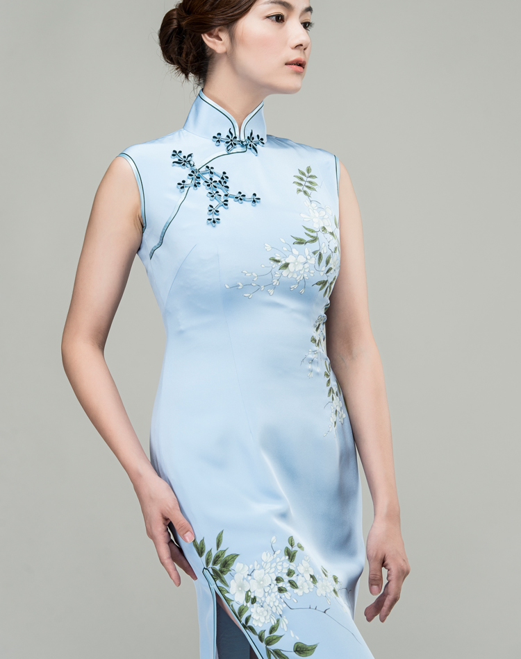 Hand-painted water-blue silk long qipao dress