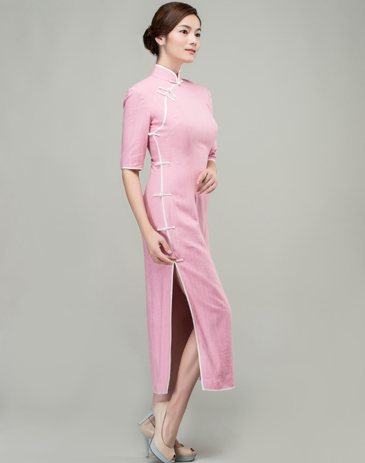 Pink cotton-linen long qipao dress