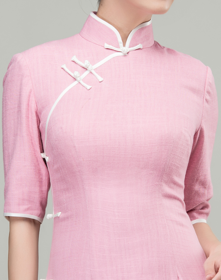 Pink cotton-linen long qipao dress