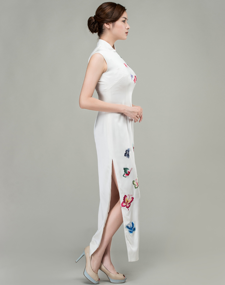 White cheongsam dress with colorful butterflies embroidery