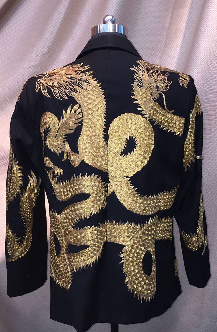 Black mens suit with dragon gold embroidery