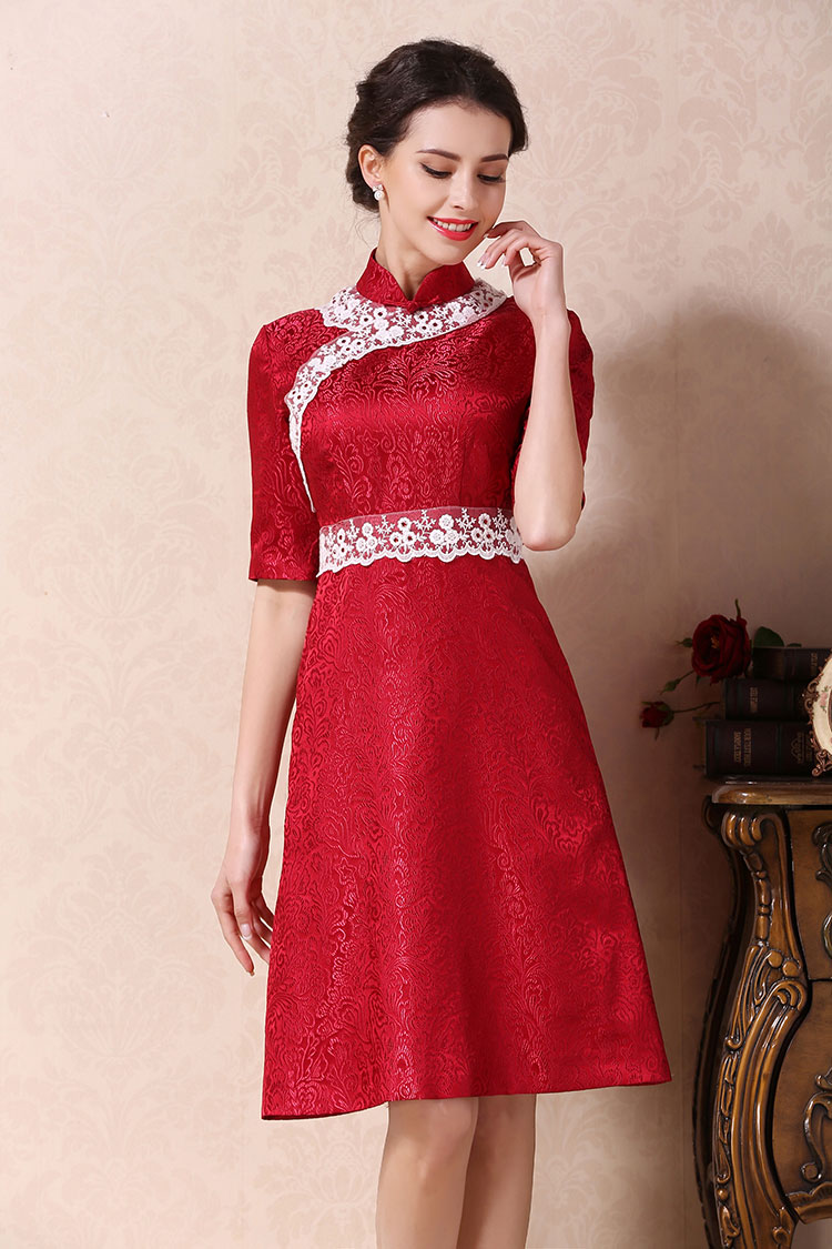 Garnet red A-skirt qipao dress
