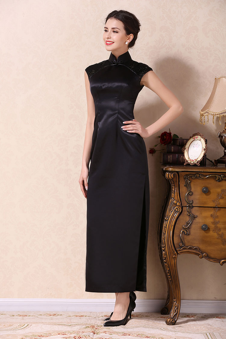 Black silk long cheongsam dress