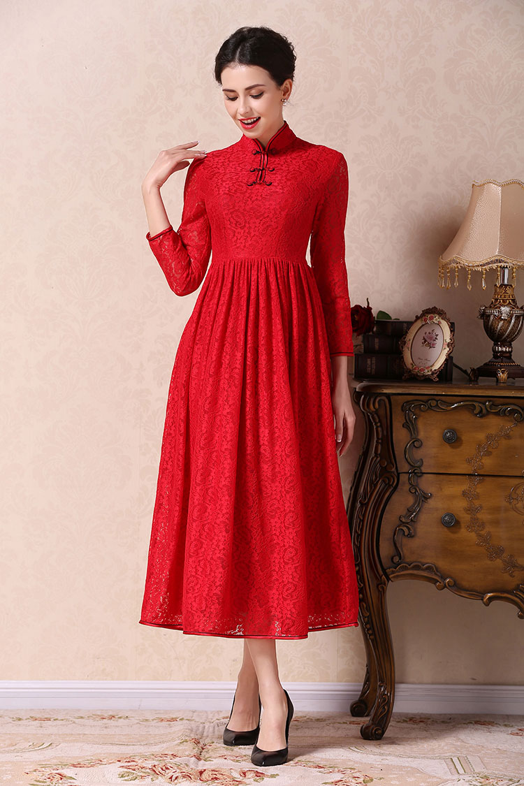 Red A-skirt qipao dress