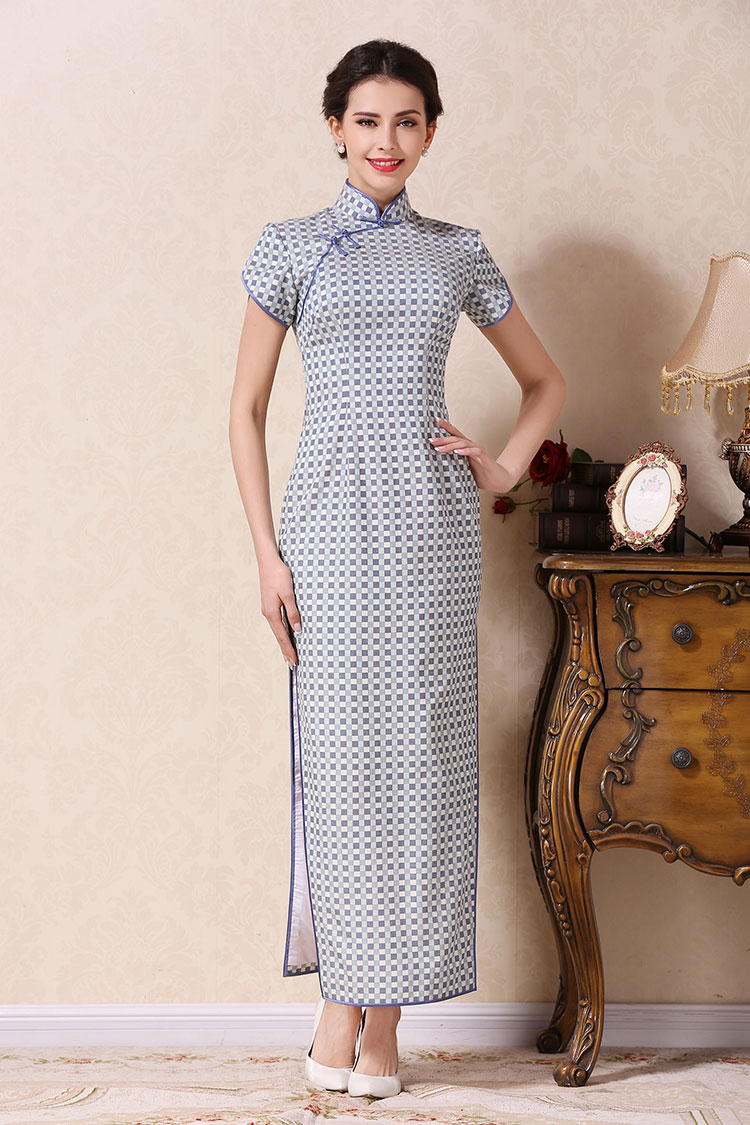 White blue lattice long cheongsam dress