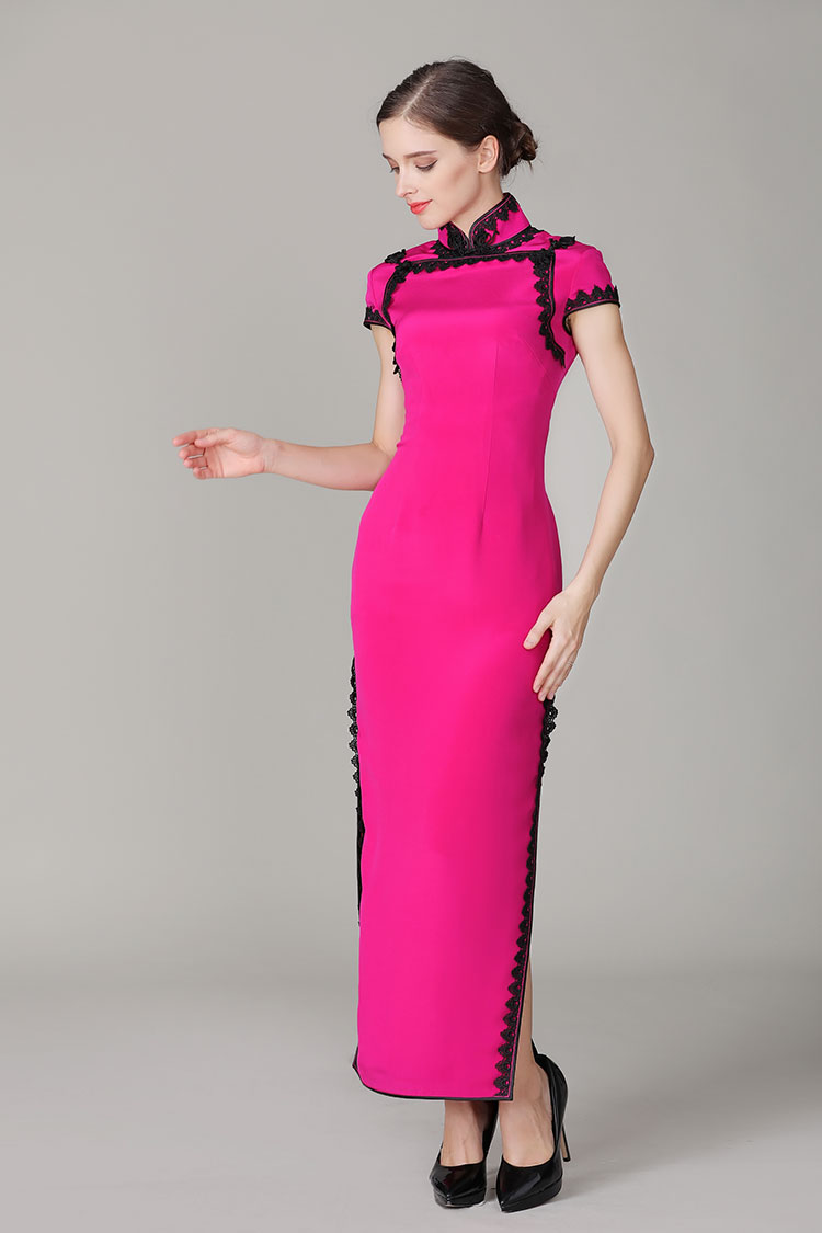 Rose red cheongsam with blacke lace edge