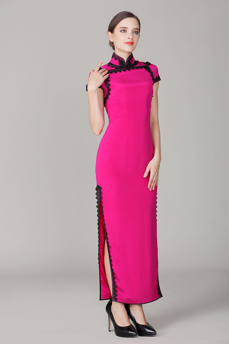 Rose red cheongsam with blacke lace edge