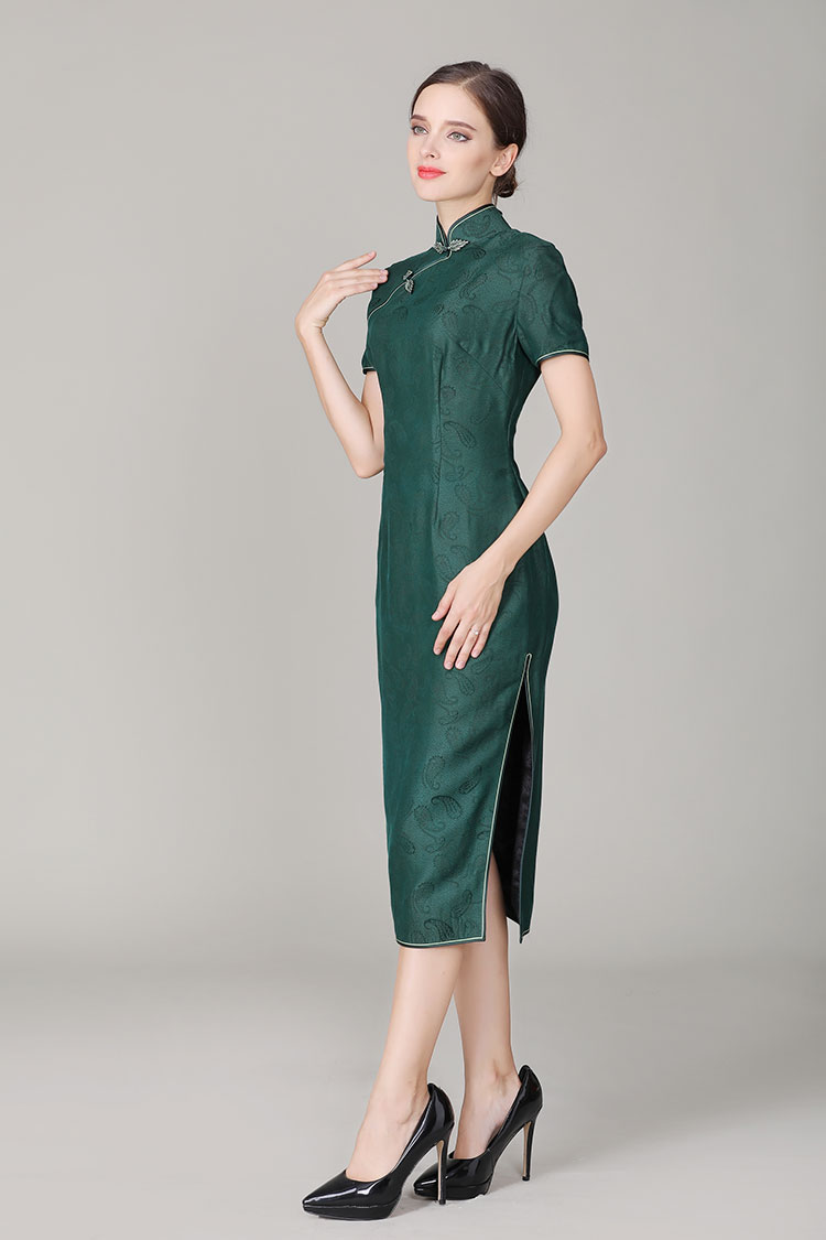 Dark green silk with Paisley patterns qipao dress