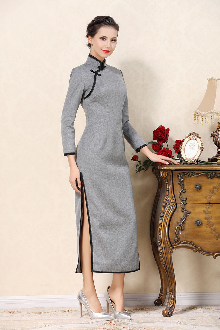 Light gray wool improved cheongsam dress