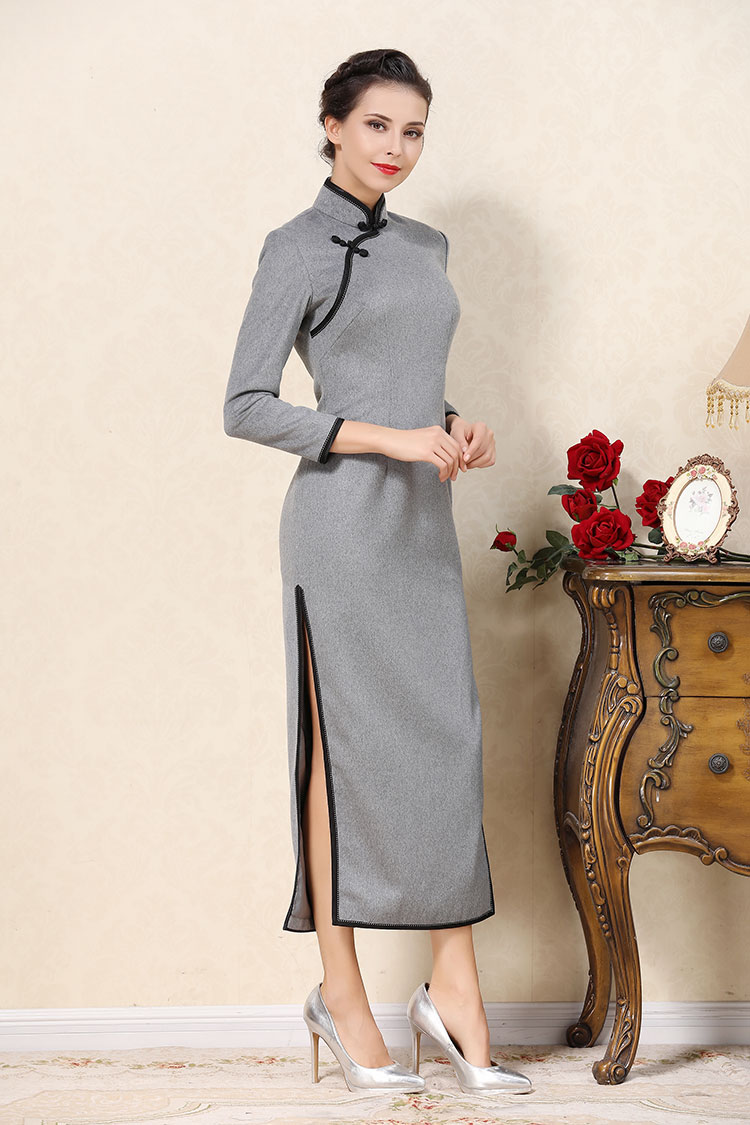 Light gray wool improved cheongsam dress