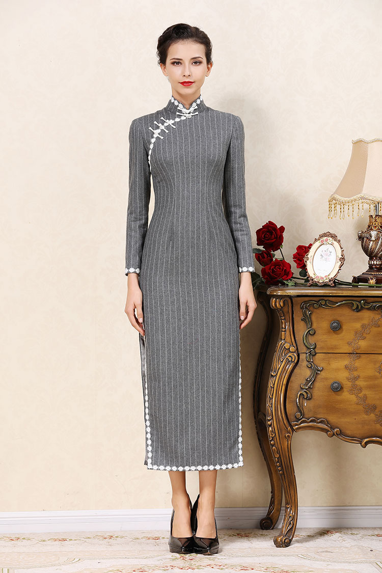 Gray wool stripes cheongsam dress