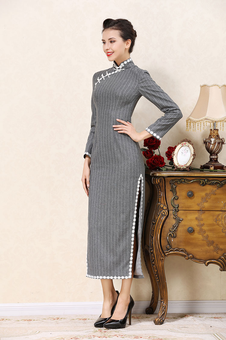 Gray wool stripes cheongsam dress