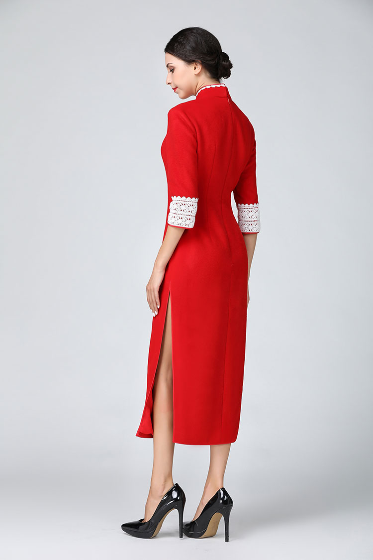 Red wool improve cheongsam with white lace piping