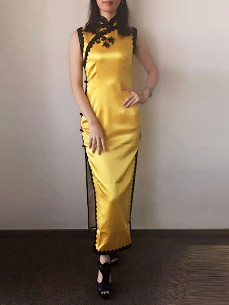 Yellow long qipao dress with black trim