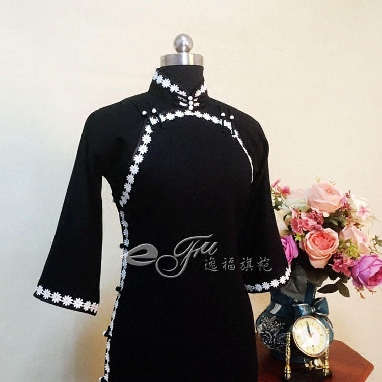 Black qipao dress with white trim
