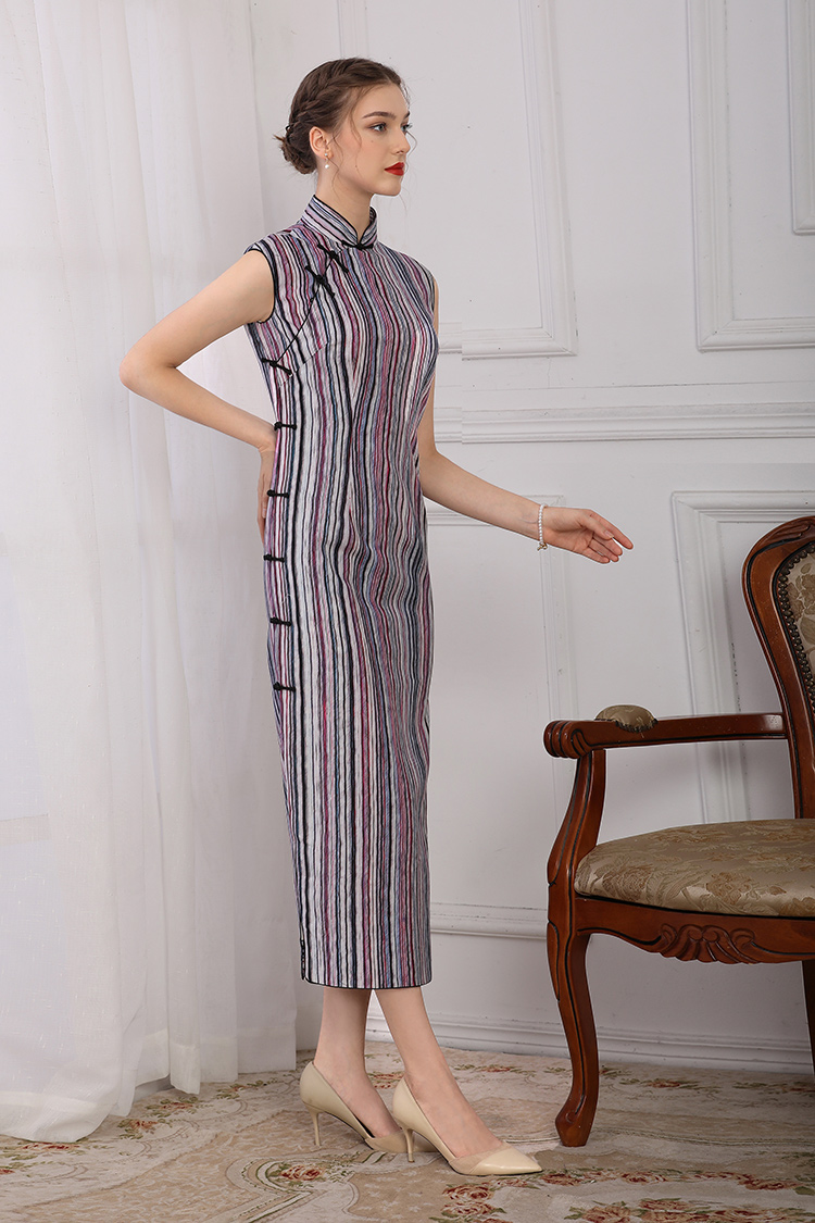 Purple stripe long cheongsam dress