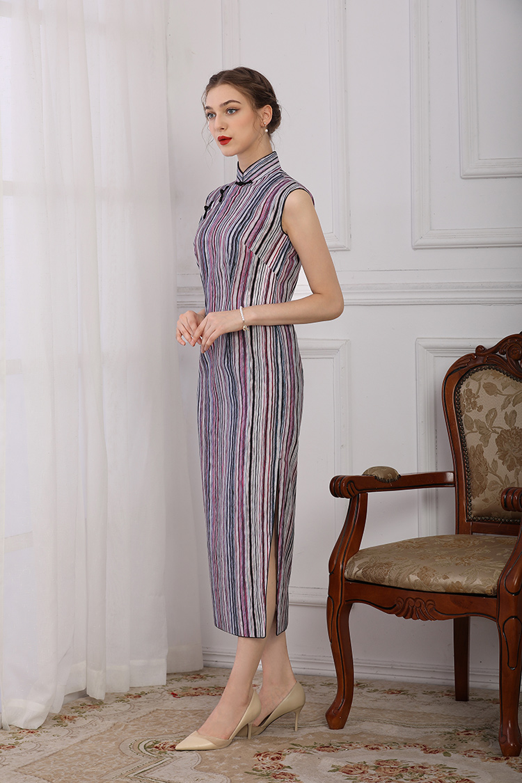 Purple stripe long cheongsam dress