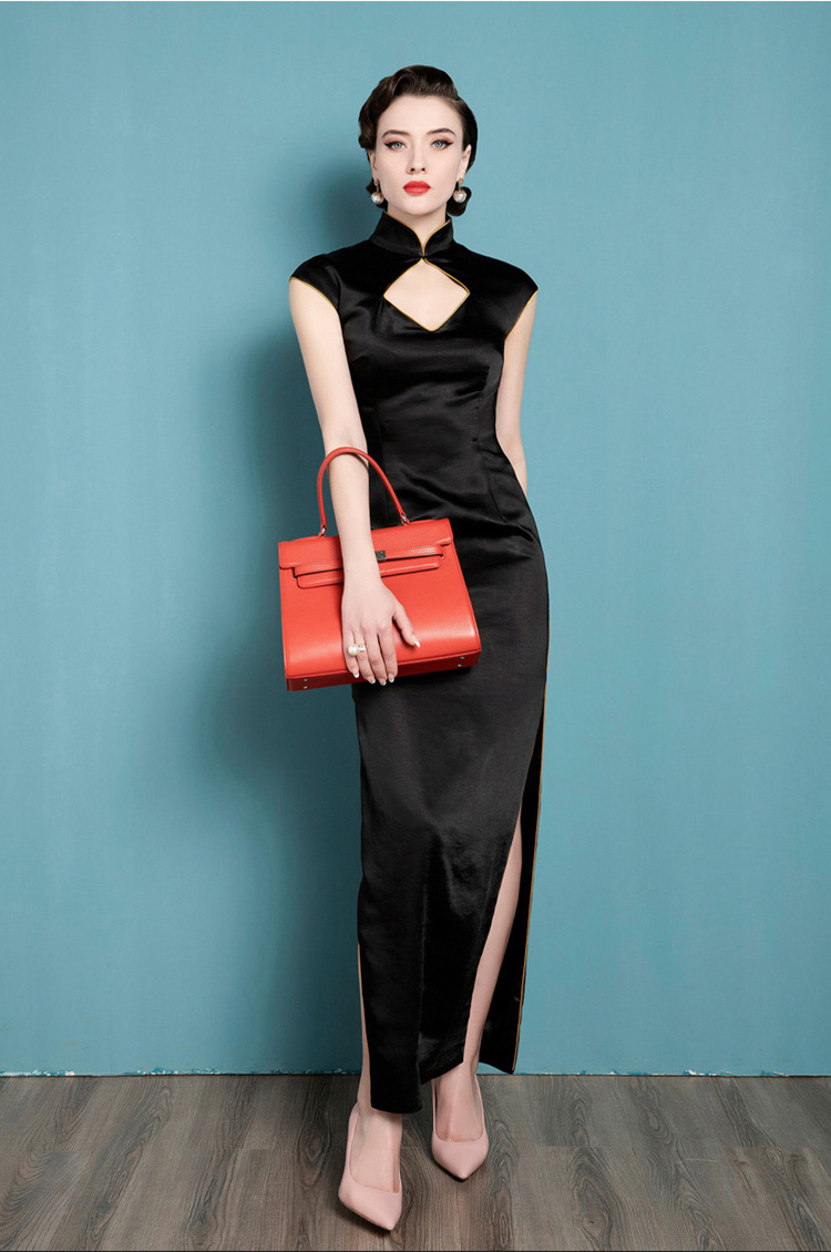 Black cheongsam dress with square neckline