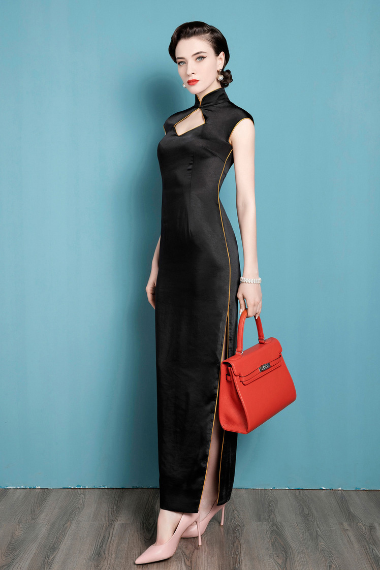 Black cheongsam dress with square neckline