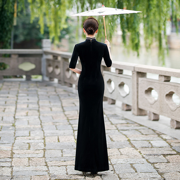 Custom-made Single slit velvet cheongsam dress