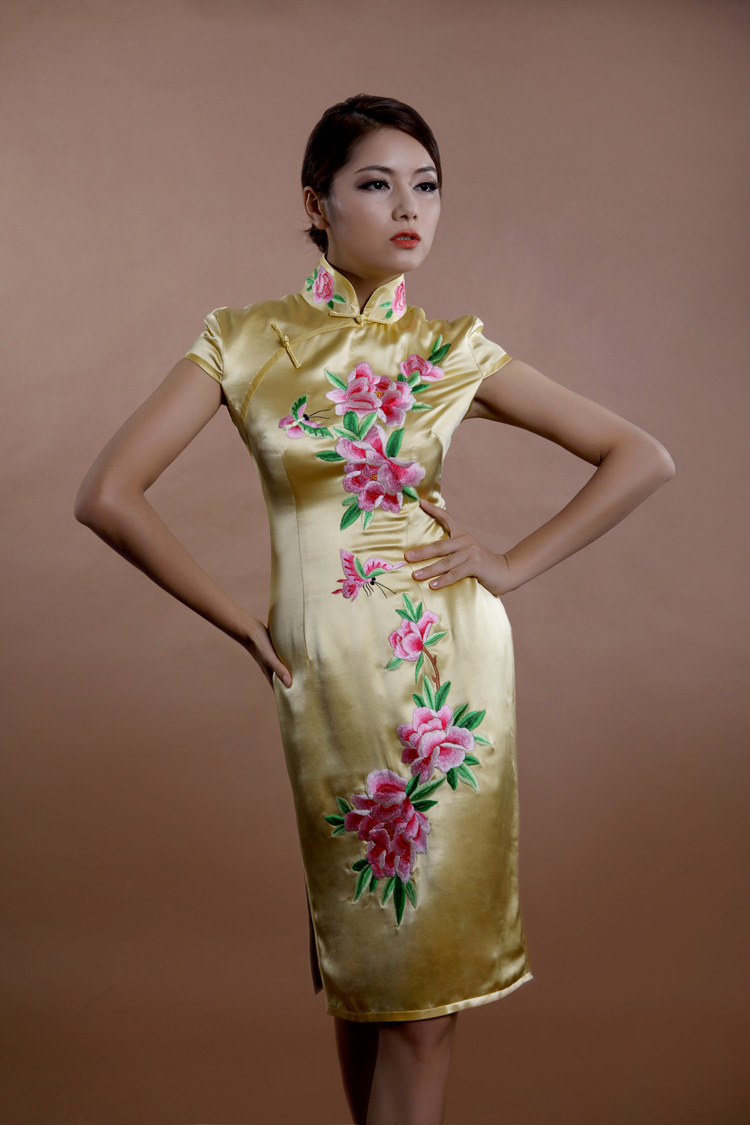Light golden cheongsam with peonys embroidery Light golden cheongsam with peonys embroidery