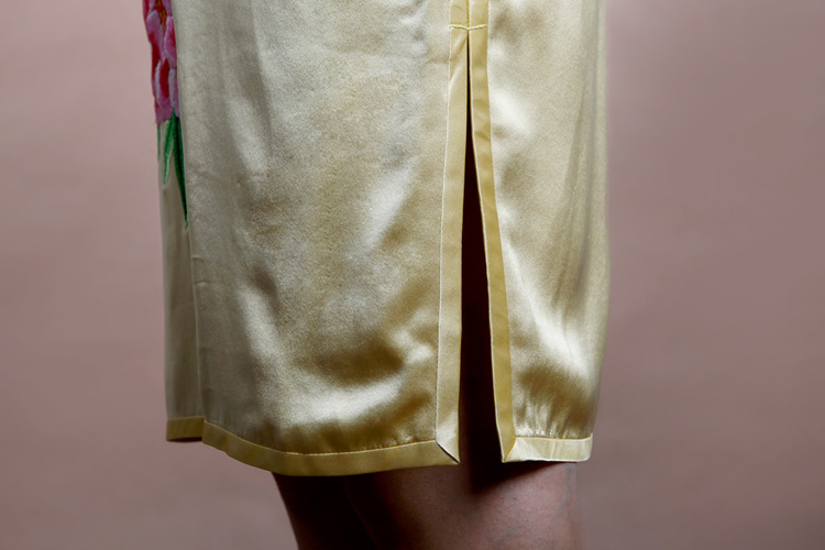 Light golden cheongsam with peonys embroidery 