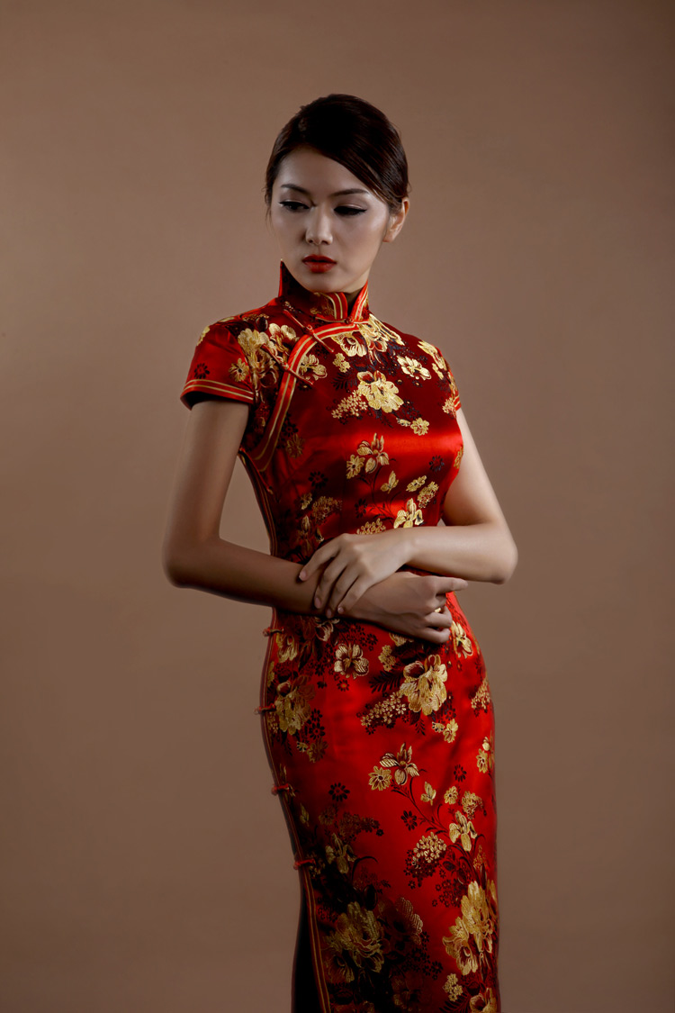 Red peonys long cheongsam dress