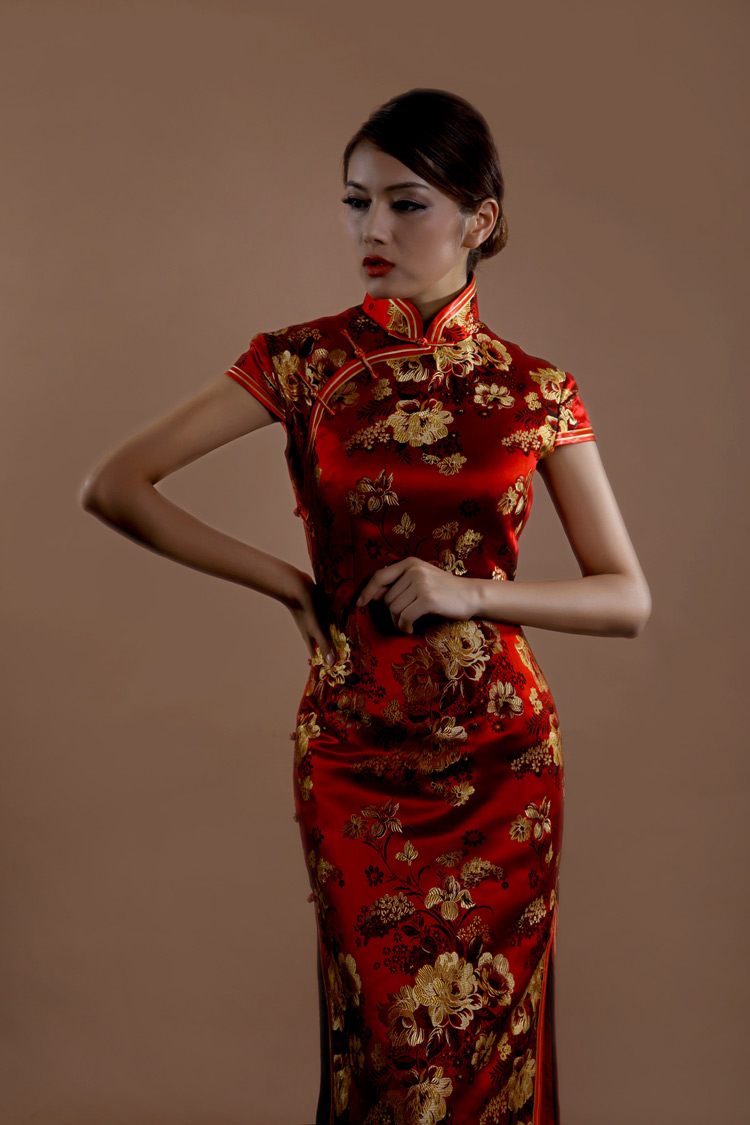 Red peonys long cheongsam dress