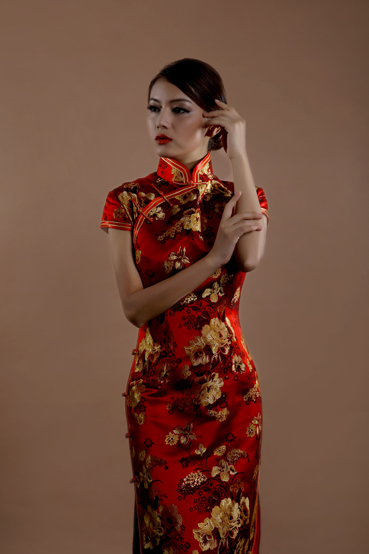 Red peonys long cheongsam dress