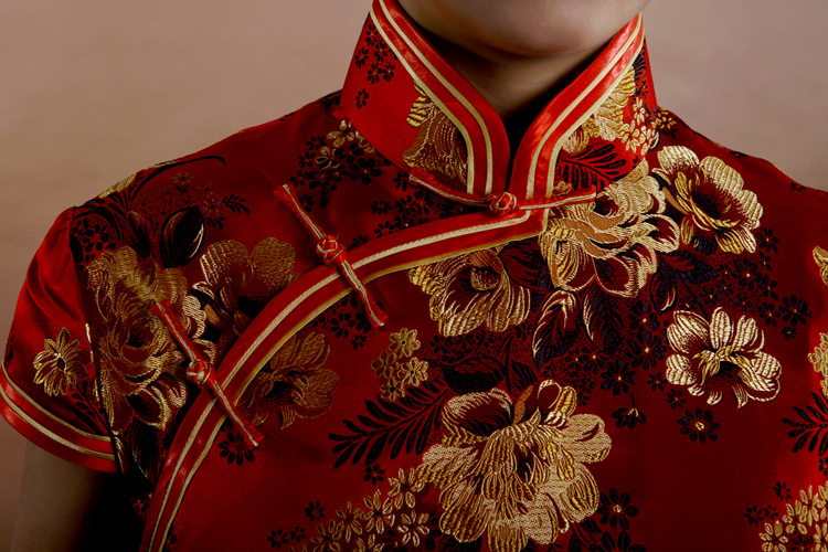 Red peonys long cheongsam dress